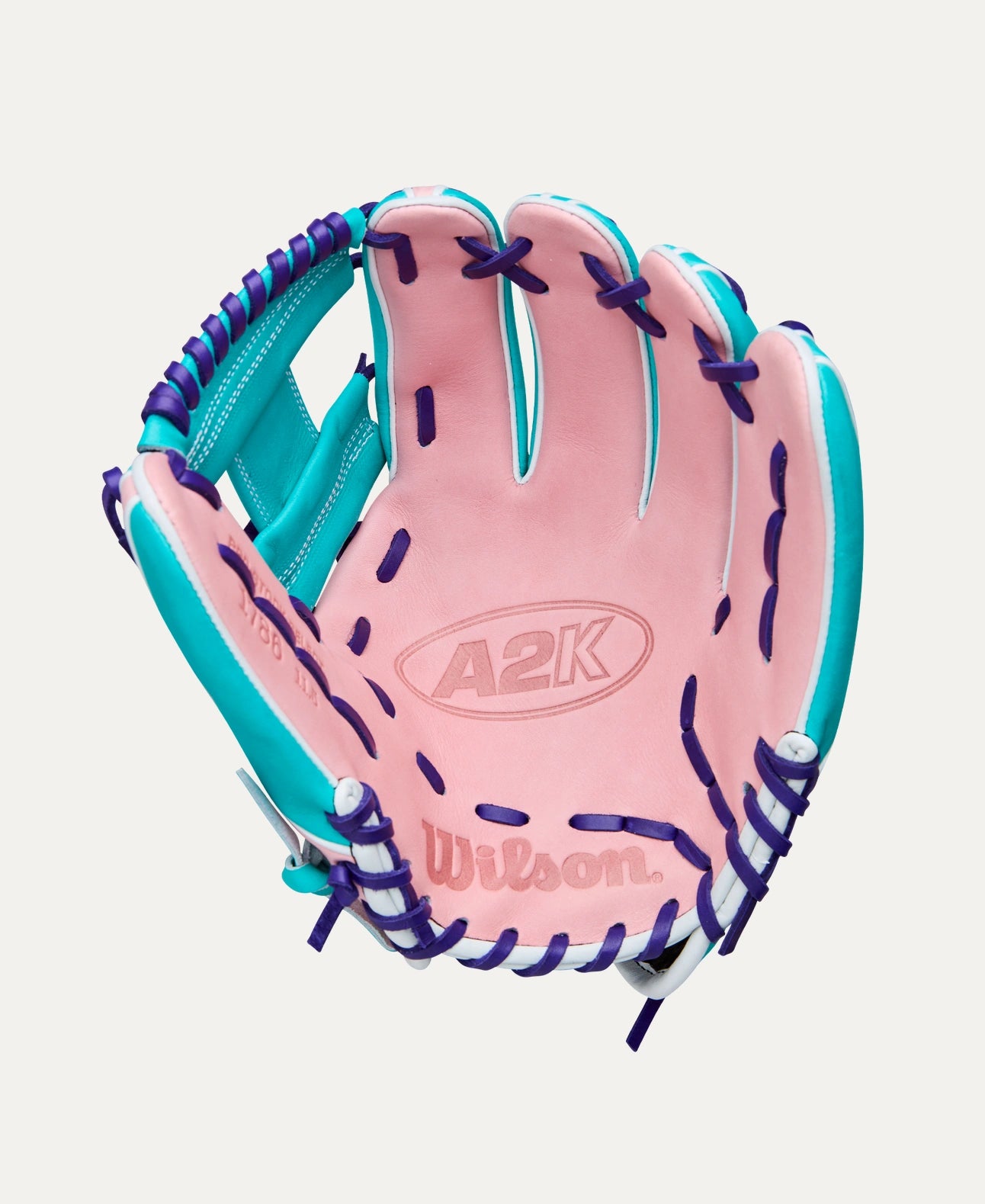 An 11.5” infield glove with Pink & Teal Pro Stock® Select leather for work at second base, third base or shortstop.